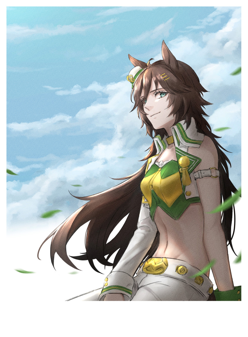 1girl, absurdres, ahoge, animal_ears, arm_support, bandeau, bangs, belt, blue_sky, breasts, brown_hair, choker, closed_mouth, clouds, collarbone, commentary, cowboy_shot, cropped_jacket, day, eyebrows_visible_through_hair, green_bandeau, groin, hair_between_eyes, hair_ornament, hairclip, hat, highres, horse_ears, horse_girl, horse_tail, jacket, long_hair, looking_at_viewer, medium_breasts, midriff, mini_hat, mr._c.b._(umamusume), navel, open_clothes, open_jacket, pants, sidelocks, single_bare_shoulder, single_sleeve, sitting, sky, smile, solo, tail, umamusume, white_belt, white_headwear, white_jacket, white_pants, wrist_cuffs, yellow_choker, yoru_(siraski_yoru)