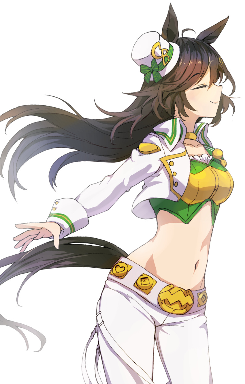 1girl, ahoge, animal_ears, bandeau, bangs, belt, breasts, brown_hair