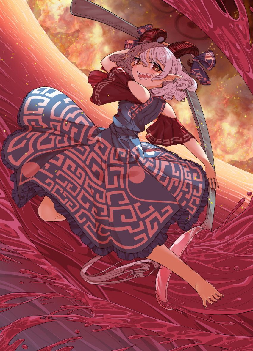1girl, absurdres, bare_shoulders, barefoot, blood, blue_dress, crack, creeper_(gametime)
