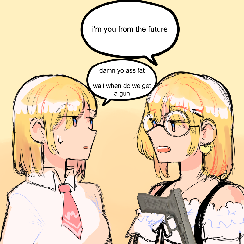 2girls, bbbbungle, blue_eyes, blush, breasts, collared_shirt, dual_persona, earrings, eyebrows_visible_through_hair, glasses, gun, hair_behind_ear, handgun, heart, heart_earrings, hololive, hololive_english, jewelry, medium_breasts, multiple_girls, necktie, off-shoulder_shirt, off_shoulder, open_mouth, pistol, profanity, red_neckwear, shirt, short_necktie, speech_bubble, suspenders, sweatdrop, time_travel, virtual_youtuber, watson_amelia, weapon, white_shirt