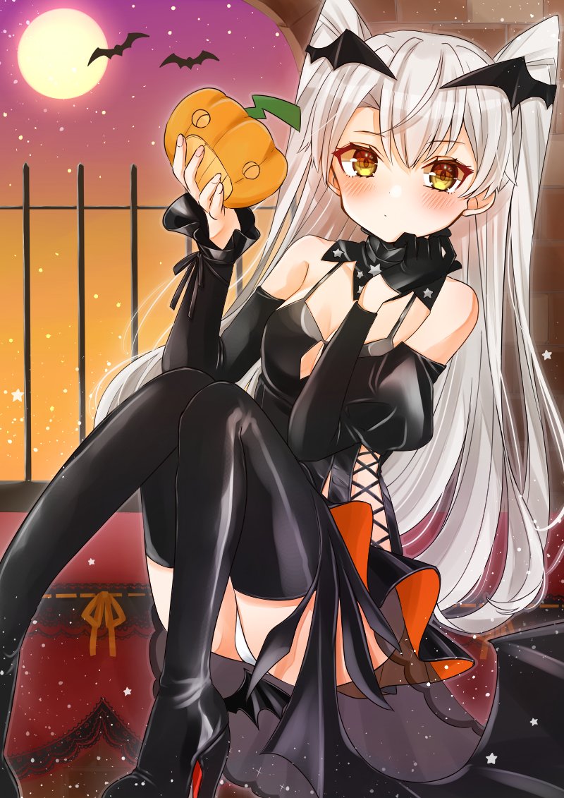 1girl, amatsukaze_(kancolle), black_dress, black_footwear, black_gloves, boots, cocoperino, cosplay, dress, full_moon, gloves, halloween, halloween_costume, johnston_(kancolle), johnston_(kancolle)_(cosplay), kantai_collection, long_hair, moon, panties, silver_hair, single_glove, solo, thigh-highs, thigh_boots, two_side_up, underwear, white_panties, yellow_eyes