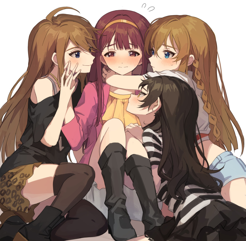 4girls, absurdres, arms_around_neck, bangs, black_footwear, black_hair, blunt_bangs, blush