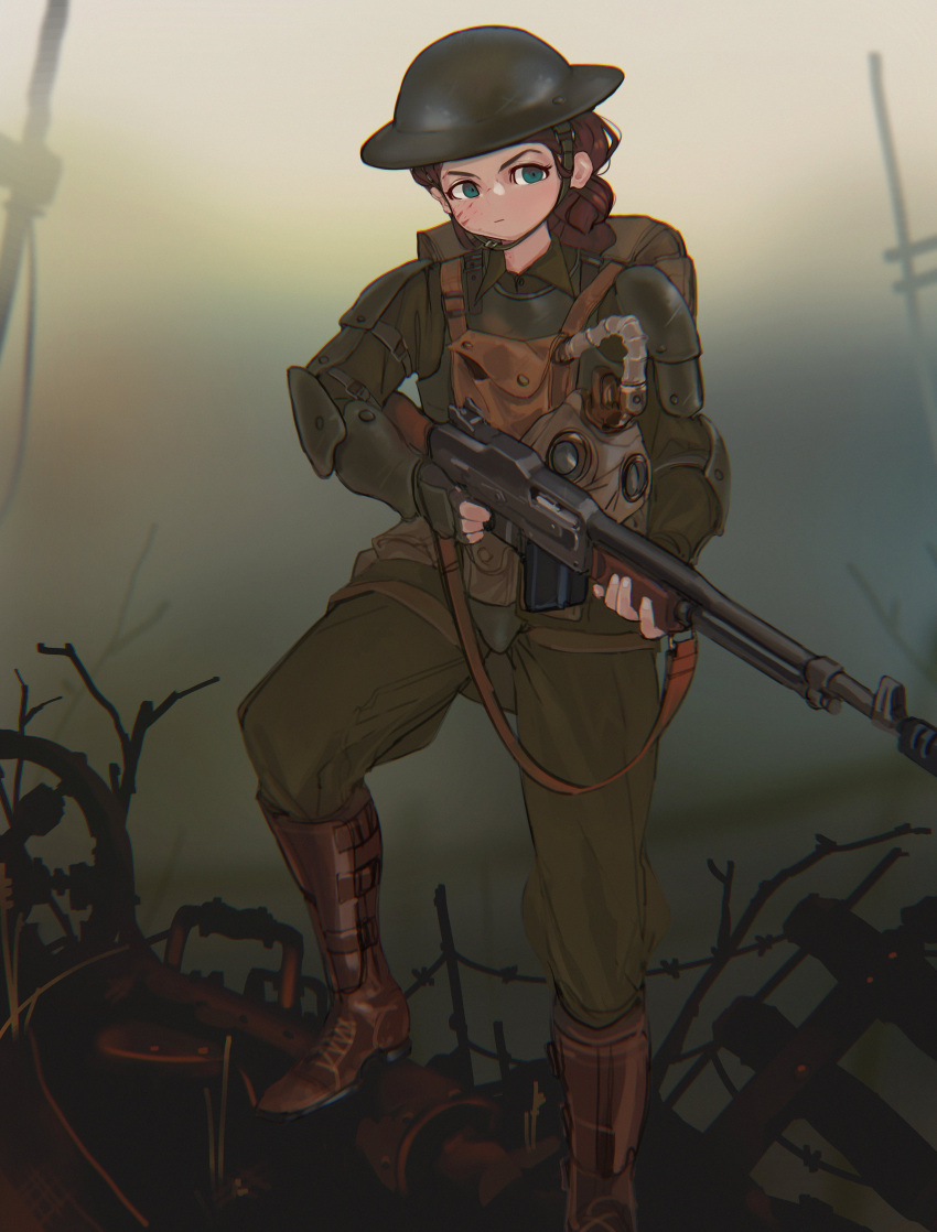 1girl, absurdres, backpack, bag, barbed_wire, blood, blood_on_face, blue_eyes