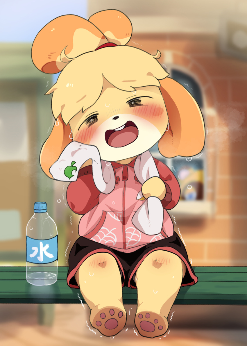 1girl, animal_crossing, animal_ears, animal_hands, bench, blurry, blurry_background, blush