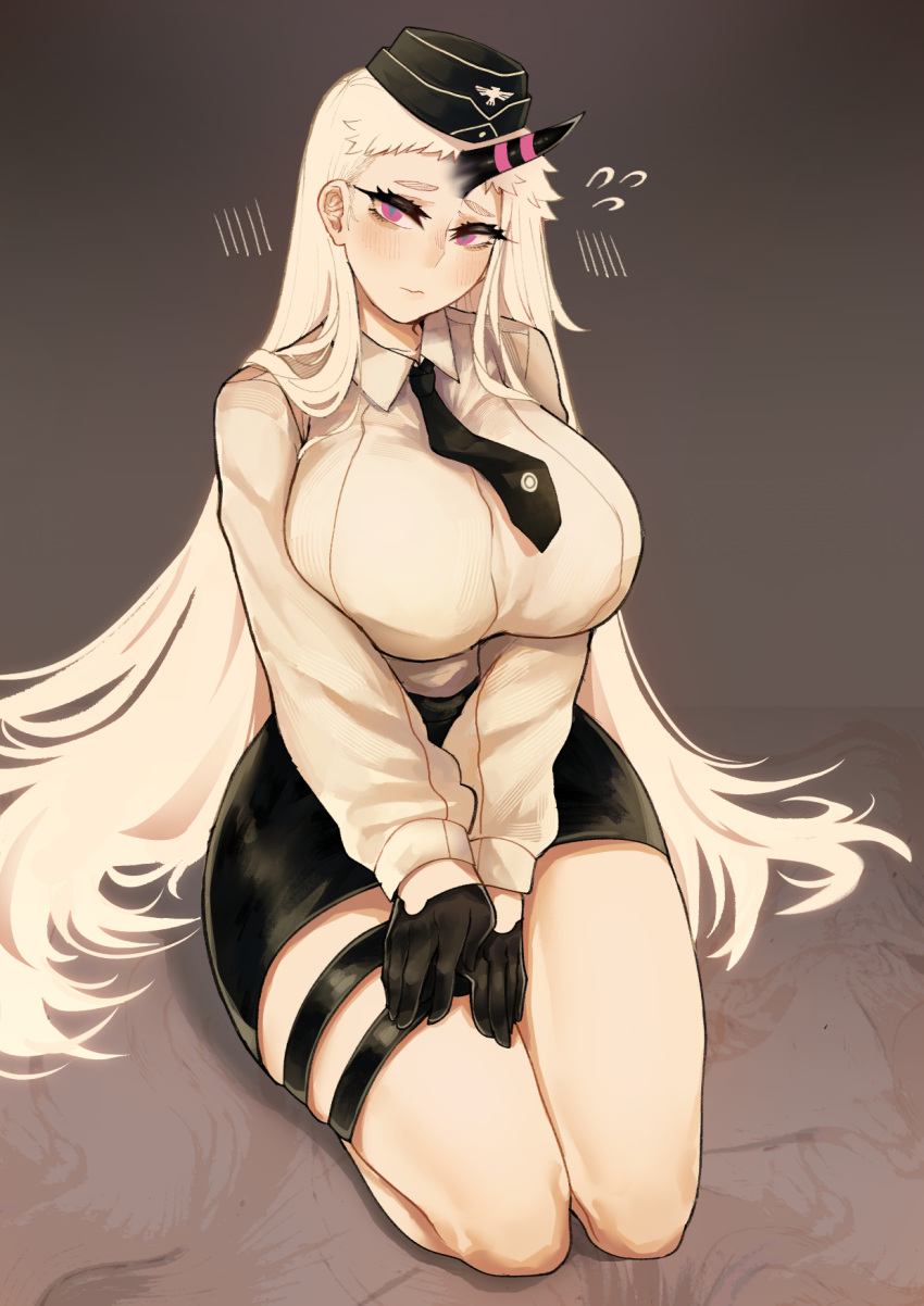 1girl, abyssal_ship, black_gloves, black_headwear, black_necktie, black_skirt, breasts, collared_shirt
