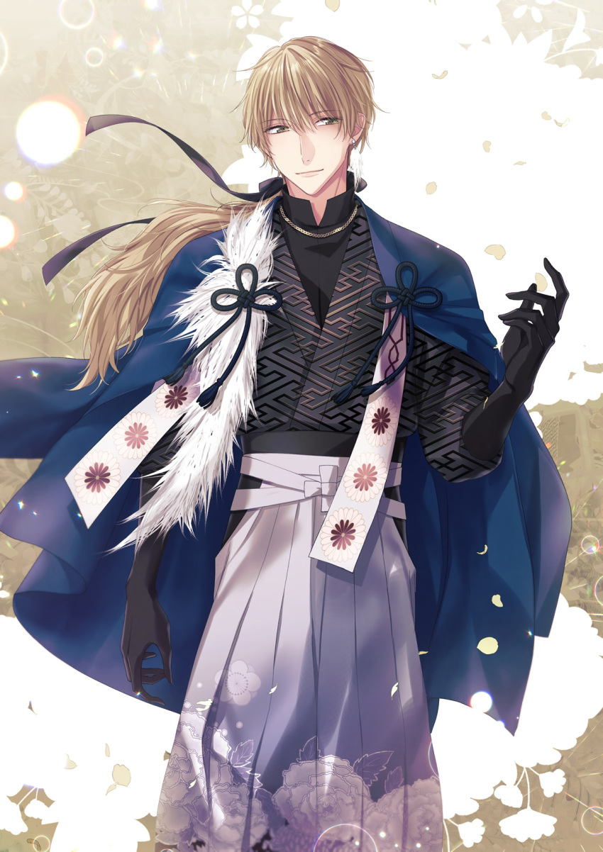 1boy, arihara_morihito, bishounen, black_gloves, blonde_hair, blue_cape, brown_eyes, cape