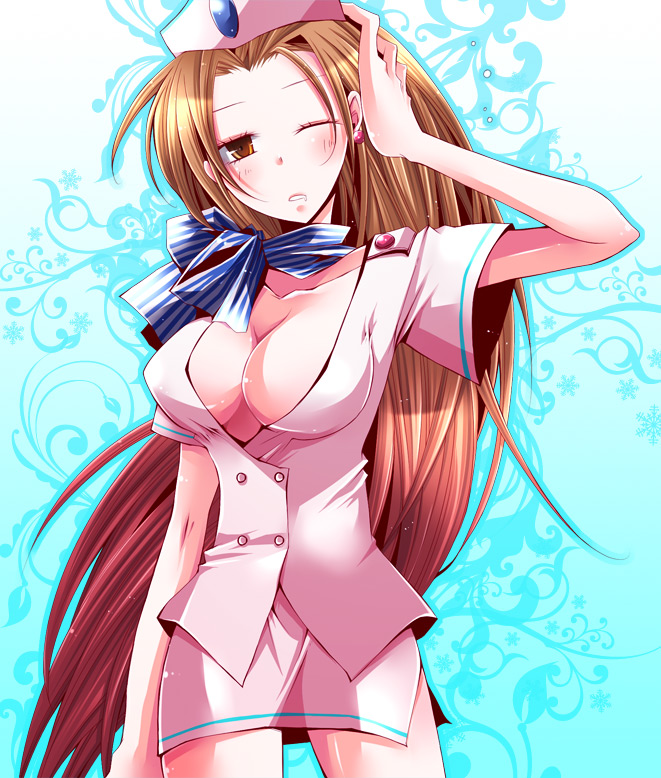 blush, breasts, brown_eyes, brown_hair, earrings, flight_attendant, gyakuten_kenji, gyakuten_saiban