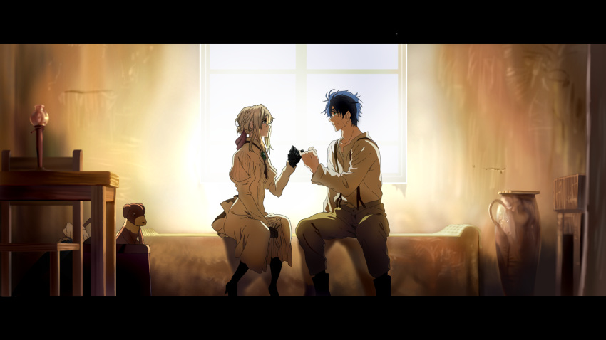 1boy, 1girl, bangs, bed, black_eyepatch, black_footwear, blonde_hair, blue_eyes