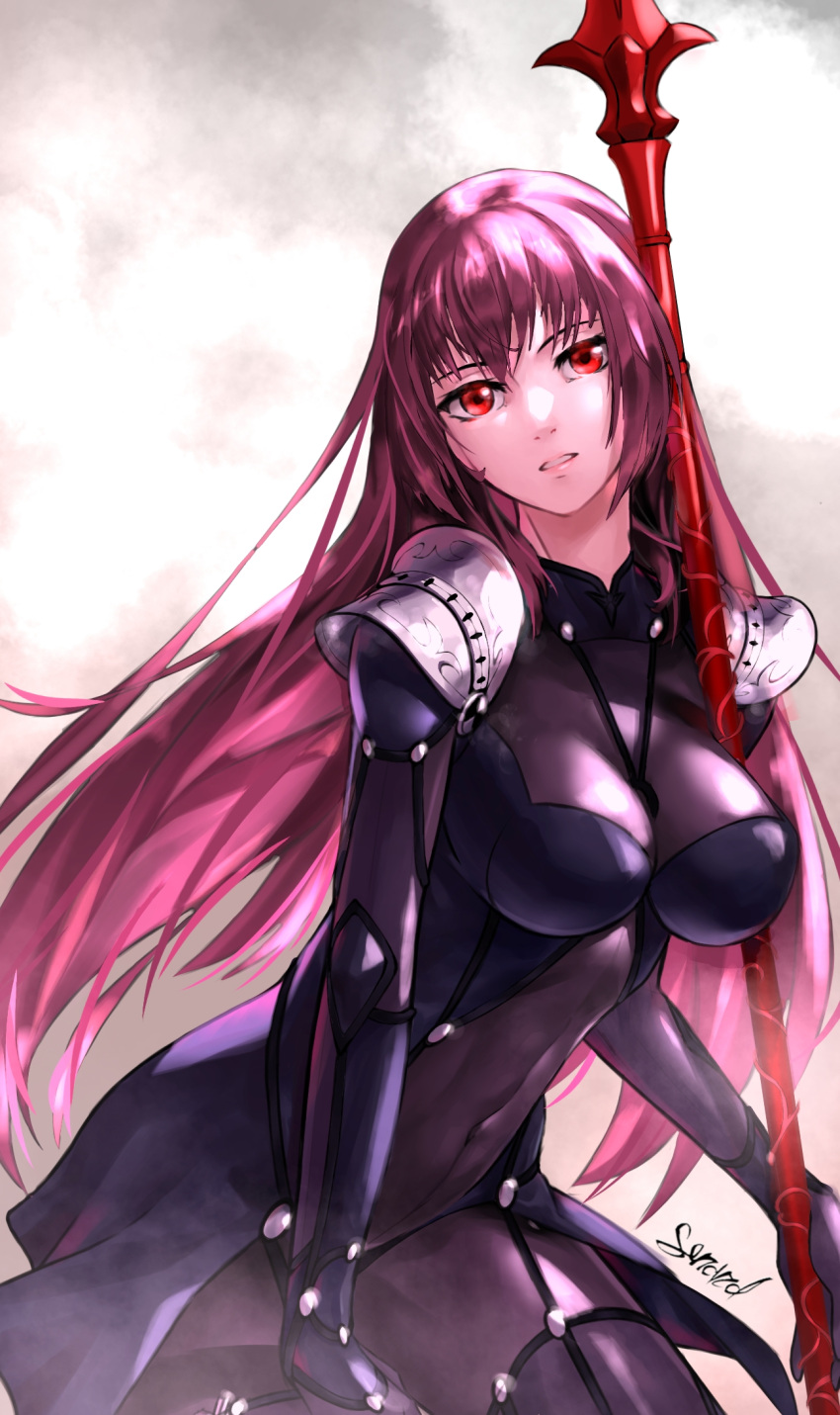 1girl, armor, bodysuit, breasts, covered_navel, fate/grand_order, fate_(series), gae_bolg_(fate)