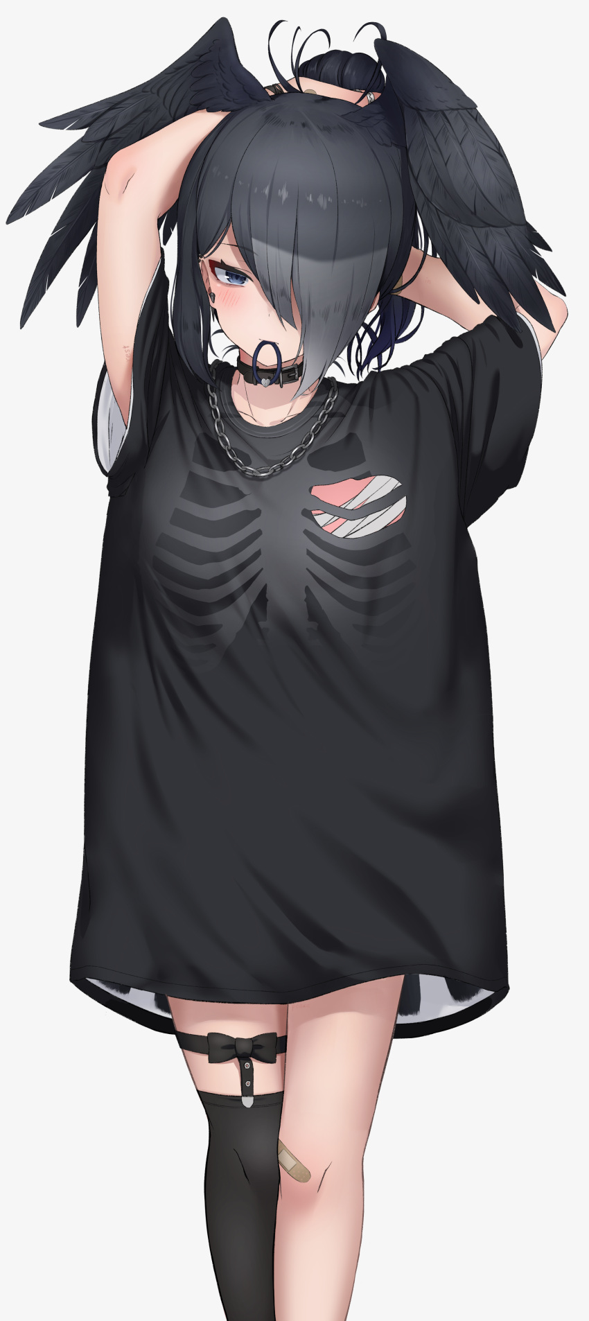 1girl, absurdres, arms_up, bandages, bandaid, bandaid_on_knee, bangs, black_collar
