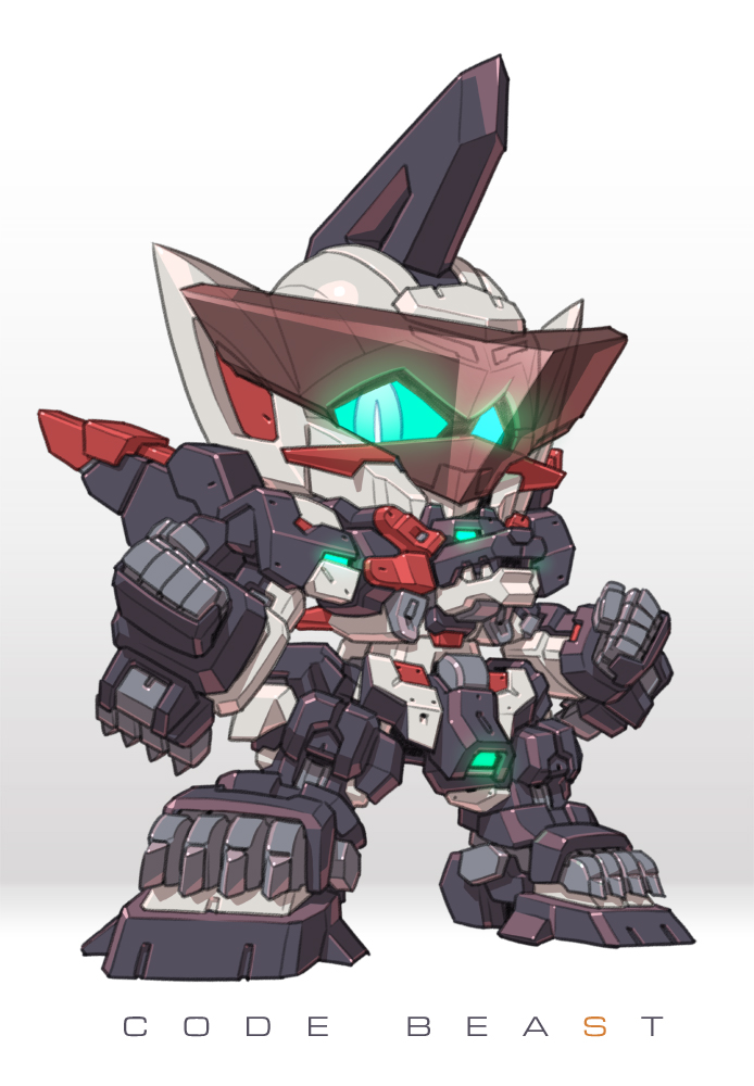 blue_eyes, chibi, clenched_hands, code_beast, copyright_name, glowing, glowing_eyes, hundred_edge, mecha, no_humans, solo, standing, susagane, v-fin