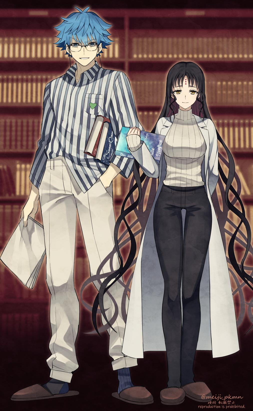 1boy, bangs, black_hair, black_pants, blue_eyes, blue_hair, blue_shirt, book