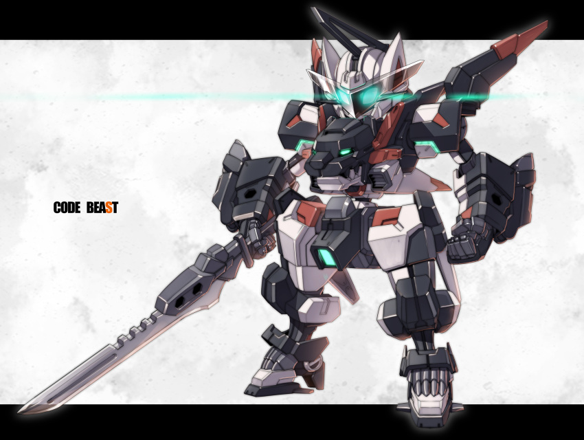 blue_eyes, chibi, clenched_hand, code_beast, copyright_name, glowing, glowing_eyes, highres, holding, holding_sword, holding_weapon, hundred_edge, looking_ahead, mecha, no_humans, sanbonzuno, science_fiction, solo, standing, sword, v-fin, weapon