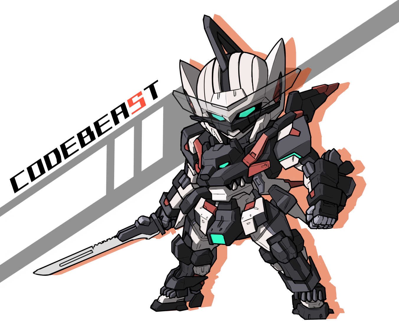 blue_eyes, chibi, clenched_hand, code_beast, holding, holding_sword, holding_weapon, hundred_edge