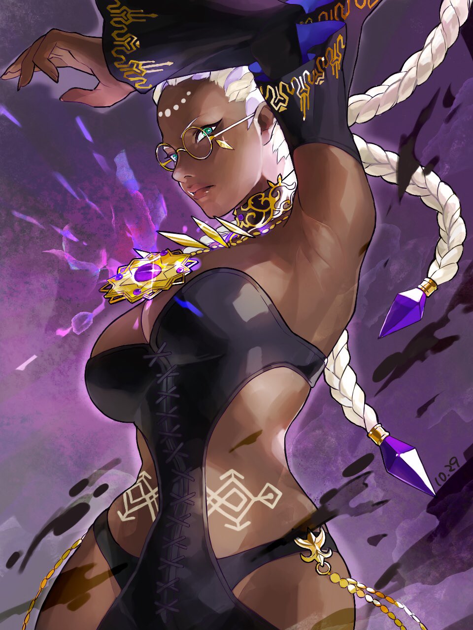 1girl, armpits, braid, breasts, dark-skinned_female, dark_skin, dolores_(kof), glasses