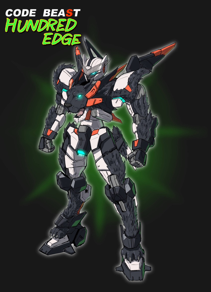 absurdres, black_background, blue_eyes, character_name, clenched_hands, code_beast, copyright_name, glowing