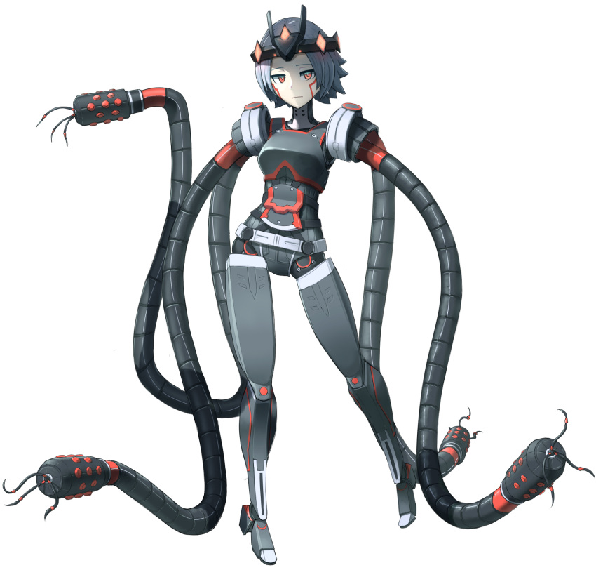 1girl, android, armor, breastplate, circlet, commentary_request, expressionless, full_body, grey_hair, highres, hispol_(04-uma-alpha), humanoid_robot, joints, long_arms, looking_at_viewer, orange_eyes, original, pale_skin, robot_joints, science_fiction, short_hair, solo, tentacles, white_background