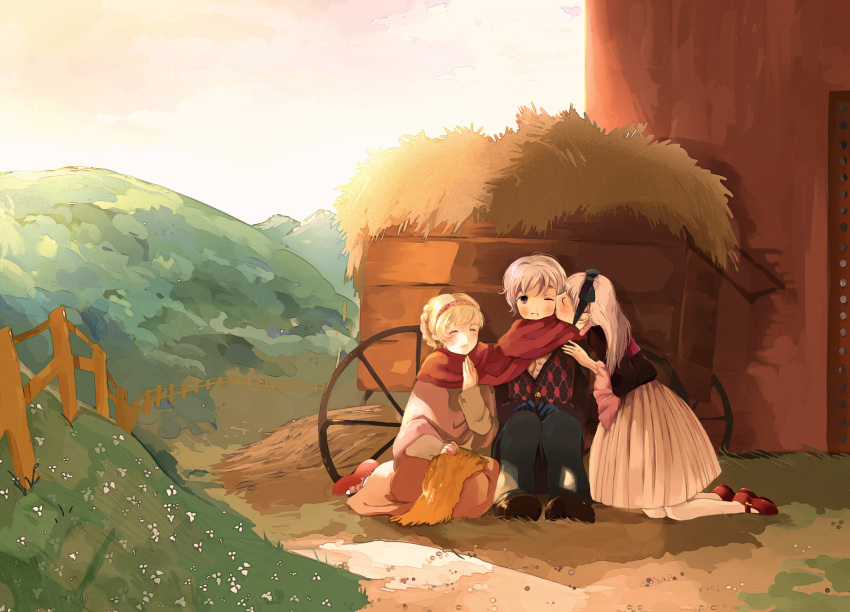 barn, belarus_(hetalia), dress, farm, field, hay, highres, hill, kiss, knitting, mary_janes, outdoors, pantyhose, russia_(hetalia), scarf, shared_scarf, shione, shoes, siblings, ukraine_(hetalia), white_legwear, young