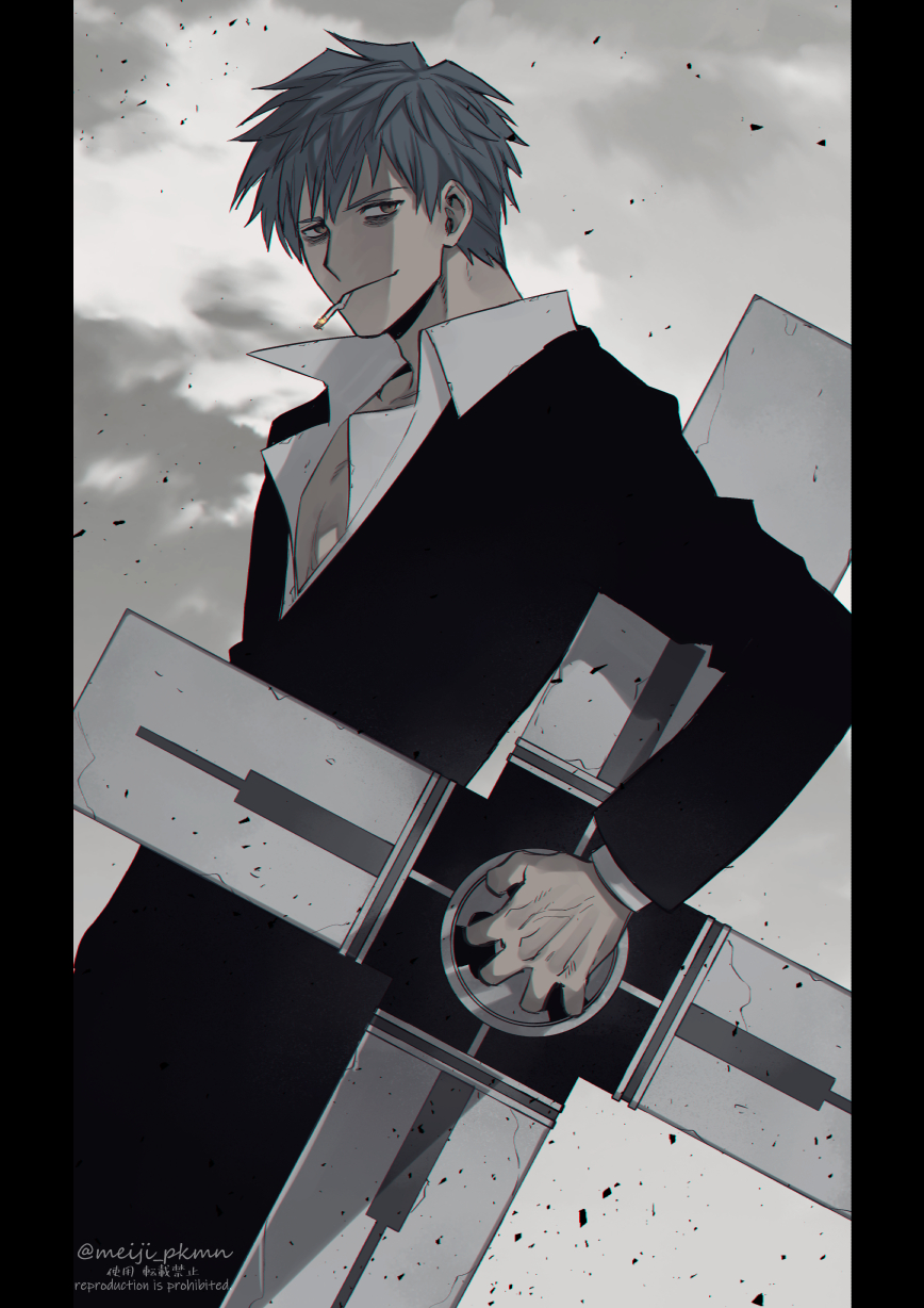 1boy, bangs, black_suit, brown_eyes, cigarette, cosplay, cross_punisher, fate/grand_order
