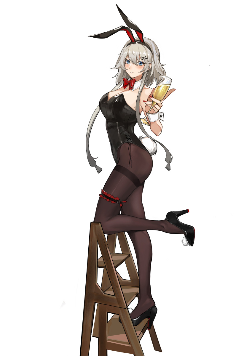 1girl, absurdres, animal_ears, black_footwear, black_hairband, black_legwear, black_leotard, blue_eyes