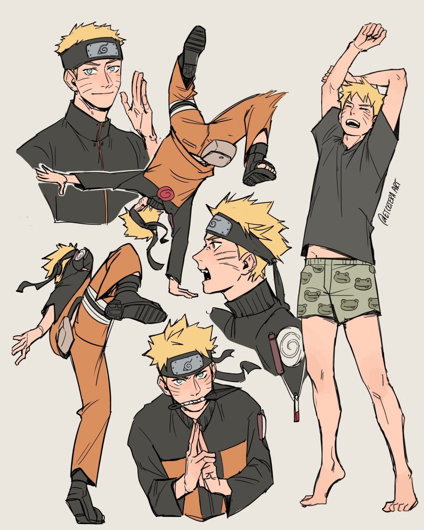 1boy, alternate_hairstyle, animal_print, black_shirt, blue_eyes, blush, casual, collage