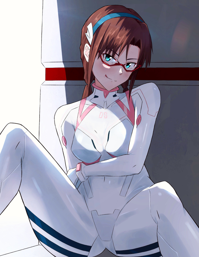 1girl, arm_across_chest, ass_visible_through_thighs, bangs, blue_eyes, blush, bodysuit, breasts
