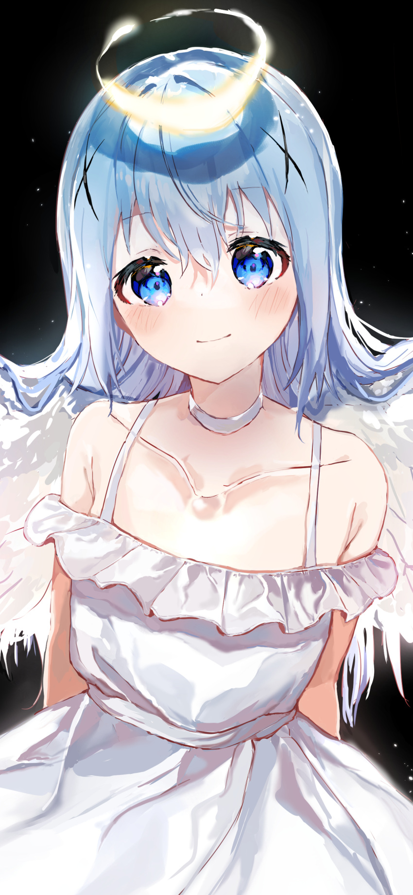 1girl, absurdres, angel, angel_wings, arms_behind_back, bare_shoulders, black_background, blue_eyes