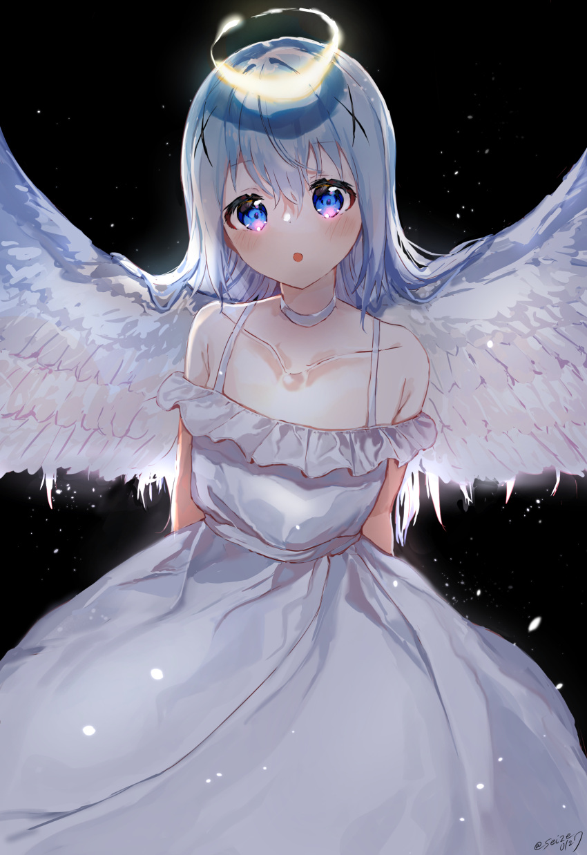 1girl, :o, absurdres, angel, angel_wings, arms_behind_back, backlighting, bare_shoulders, black_background, blue_eyes, blue_hair, choker, collarbone, commentary_request, dress, eyebrows_visible_through_hair, feathered_wings, gochuumon_wa_usagi_desu_ka?, hair_between_eyes, hair_ornament, halo, highres, kafuu_chino, long_hair, looking_at_viewer, open_mouth, seize, simple_background, solo, spread_wings, sundress, upper_body, white_choker, white_dress, white_wings, wings, x_hair_ornament