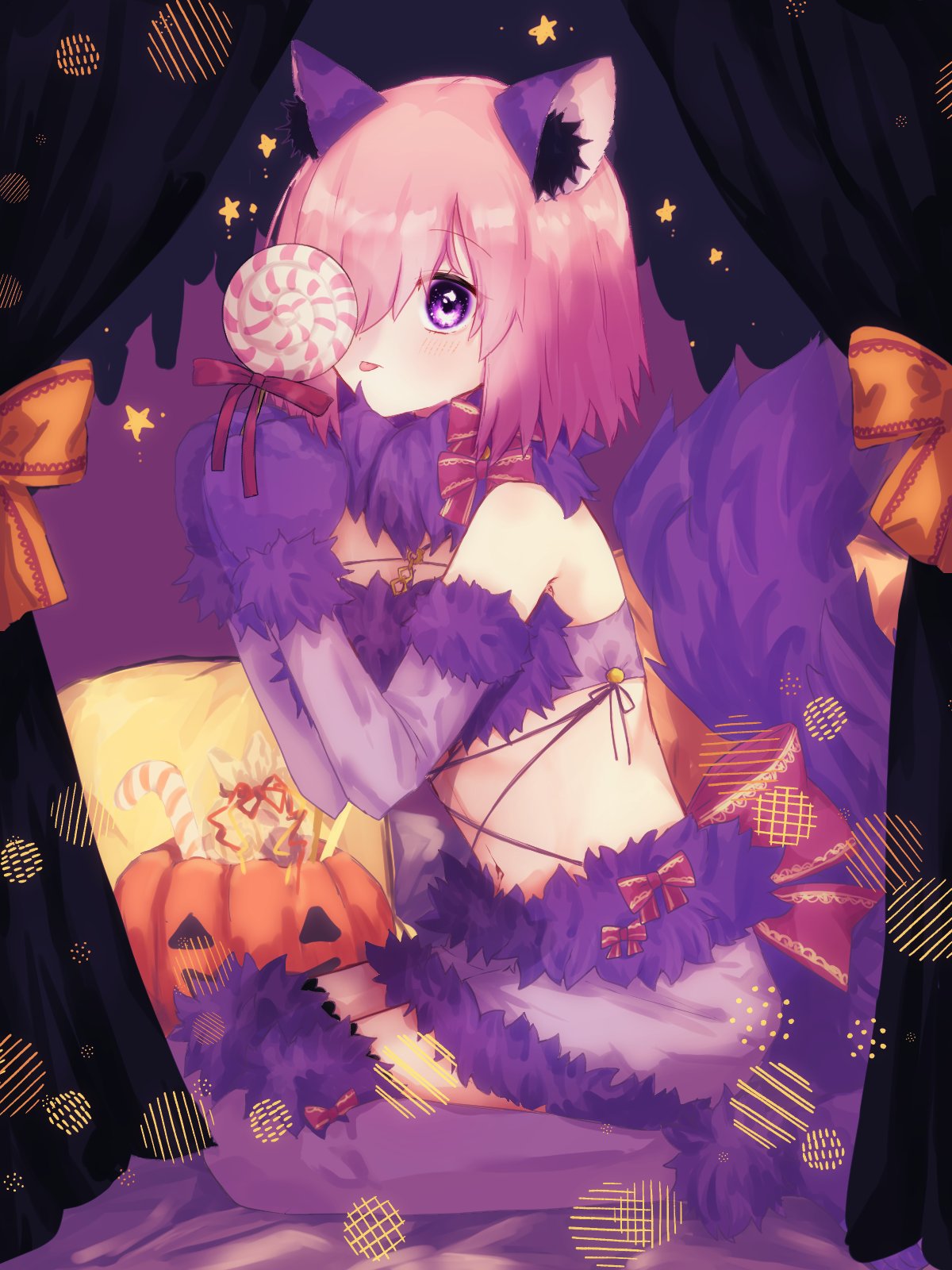 1girl, alternate_costume, animal_costume, animal_ears, bare_shoulders, blush, bow, candy