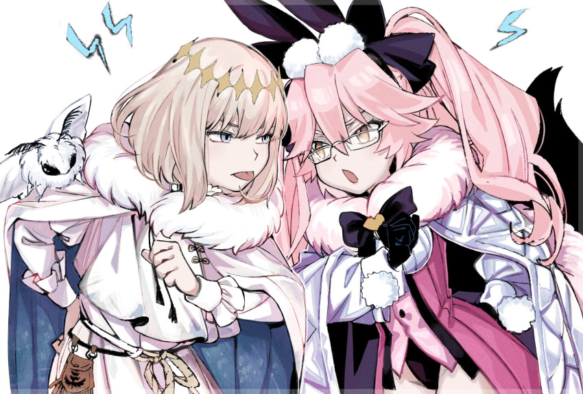 1boy, 1girl, animal_ear_fluff, animal_ears, bangs, black_bodysuit, black_gloves, blue_eyes