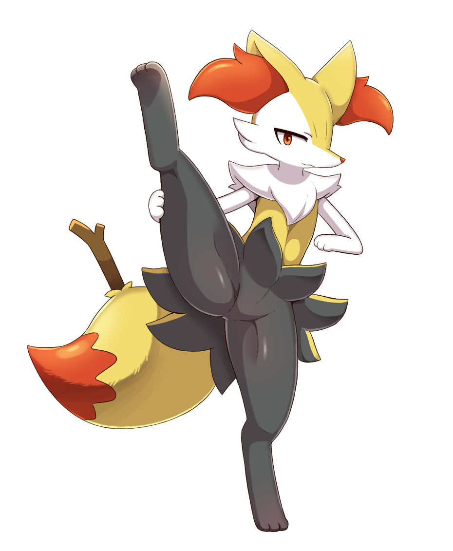 1girl, :3, animal_ear_fluff, animal_ears, animal_feet, animal_hands, animal_nose, black_fur, body_fur, braixen, closed_mouth, commentary, flat_chest, fox_ears, fox_girl, fox_tail, full_body, furry, furry_female, groin, hands_up, happy, looking_at_viewer, no_pussy, pokemon, pokemon_(creature), red_eyes, shiny, shiny_skin, smile, snout, solo, split, spread_legs, standing, standing_on_one_leg, standing_split, sum_(ganach24), tail, white_fur, yellow_fur