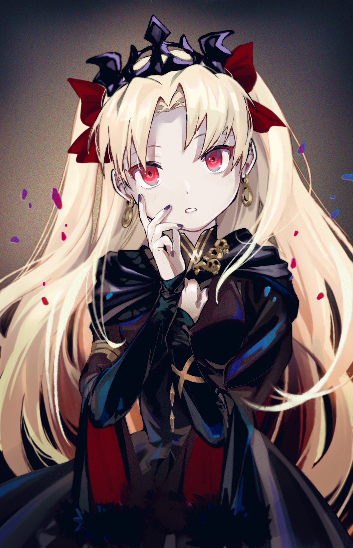 1girl, bangs, black_cape, black_dress, black_nails, blonde_hair, bow, cape
