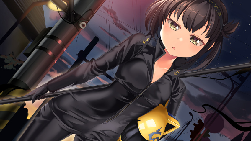 1girl, anchor_symbol, animal_helmet, biker_clothes, bikesuit, black_bodysuit, black_headband, bodysuit