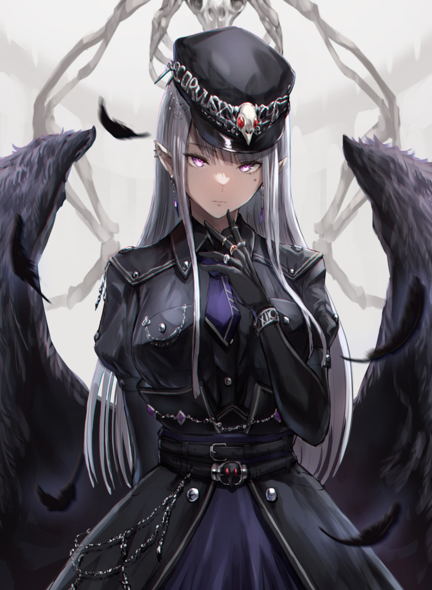 1girl, black_coat, black_gloves, black_headwear, black_wings, blue_neckwear, breasts, coat