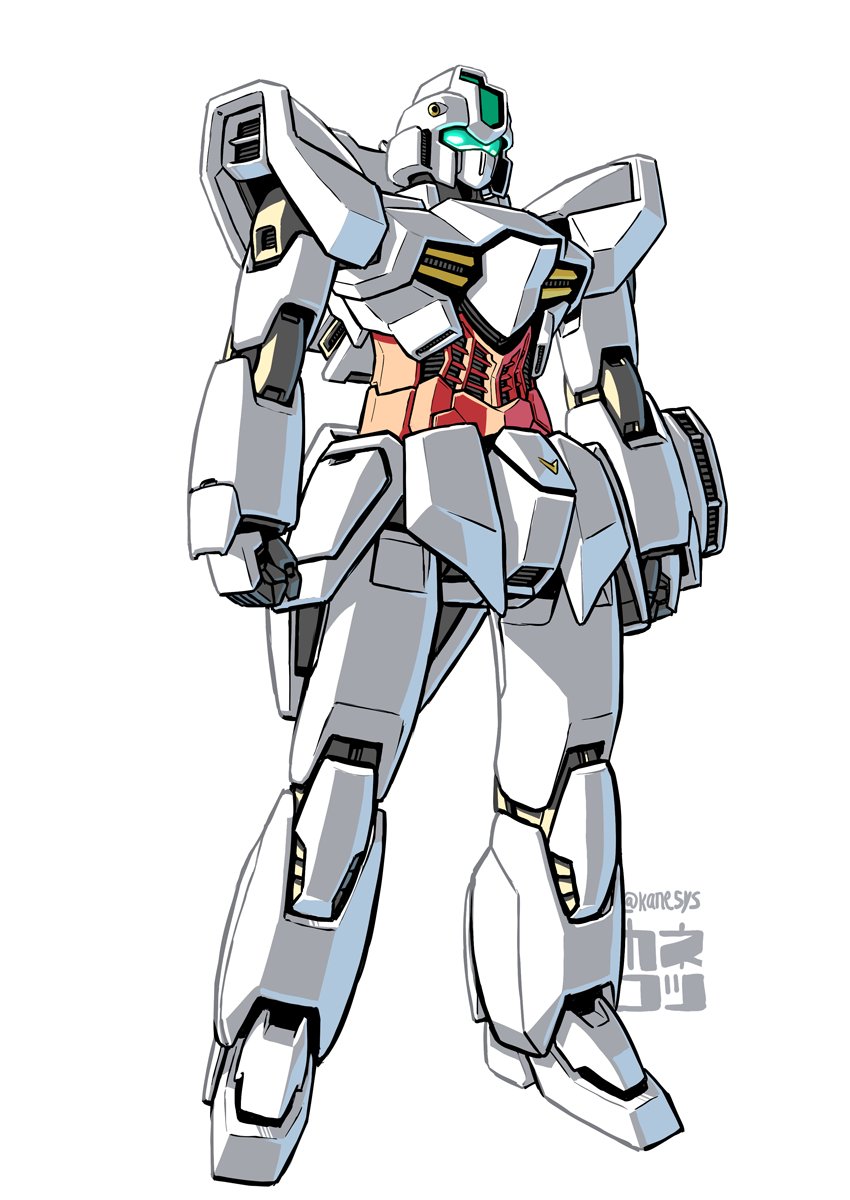 artist_name, clenched_hands, gundam, highres, jamesgun, kaneko_tsukasa, looking_ahead, mecha, no_humans, redesign, solo, standing, victory_gundam, visor, white_background