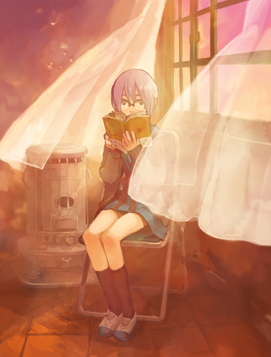 brown_eyes, cardigan, chair, curtains, glasses, grey_hair, nagato_yuki, school_uniform, short_hair, sitting, suzumiya_haruhi_no_yuuutsu, tomohi, uwabaki