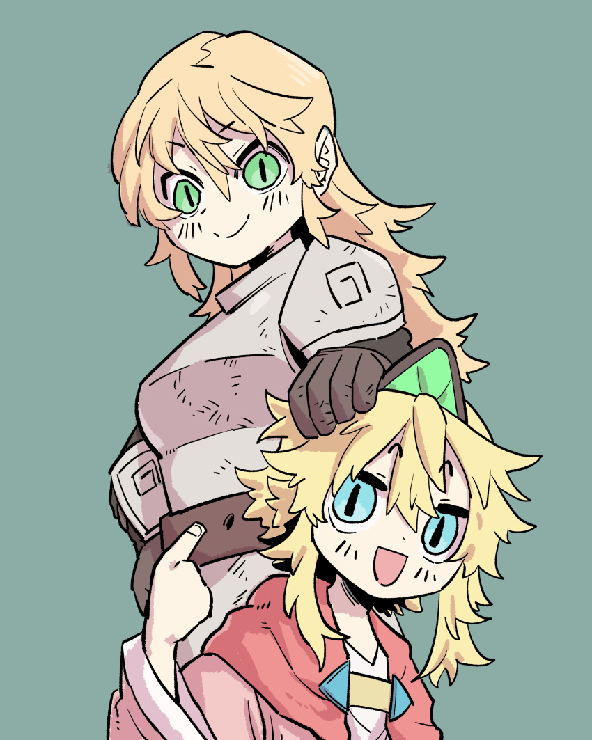 2girls, absurdres, armor, blonde_hair, blue_eyes, female_knight_(guardian_tales), gloves, green_eyes