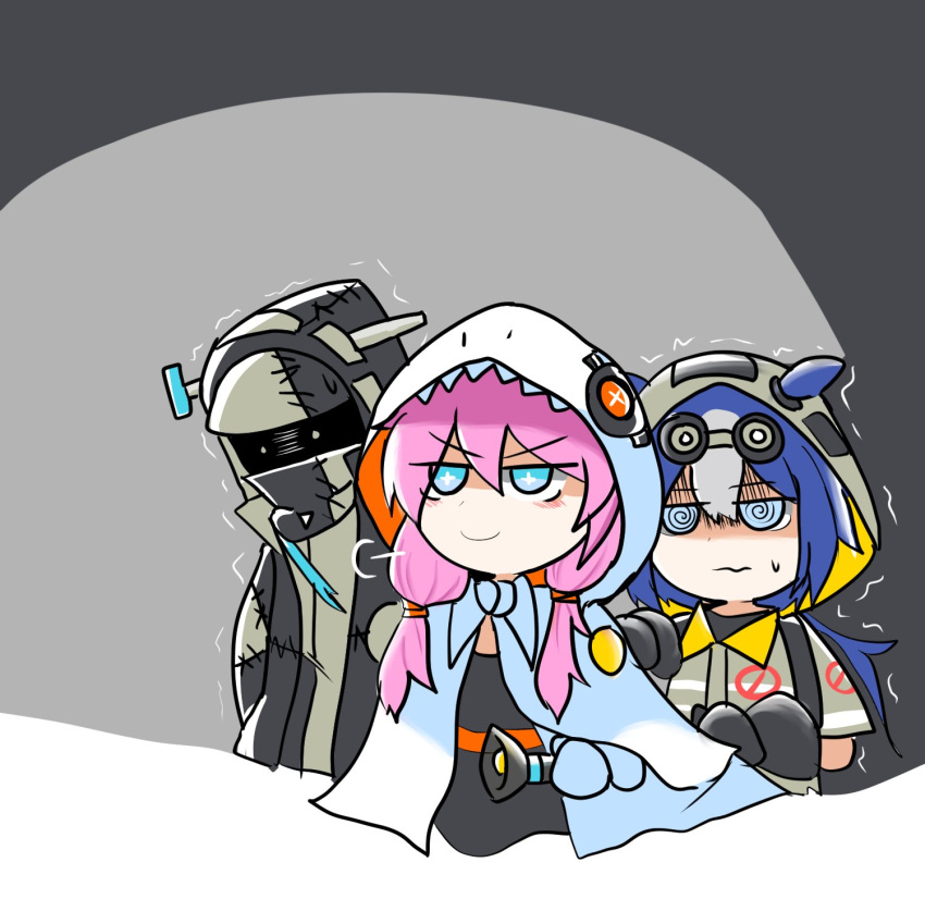 1other, 2girls, @_@, alternate_costume, ambiguous_gender, arknights, bangs, blue_eyes