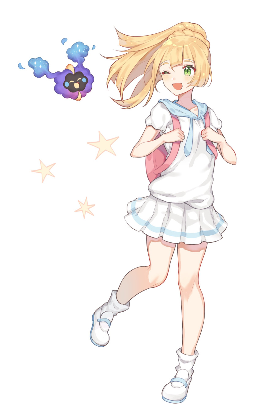 1girl, 1other, absurdres, backpack, bag, bangs, blonde_hair, blunt_bangs