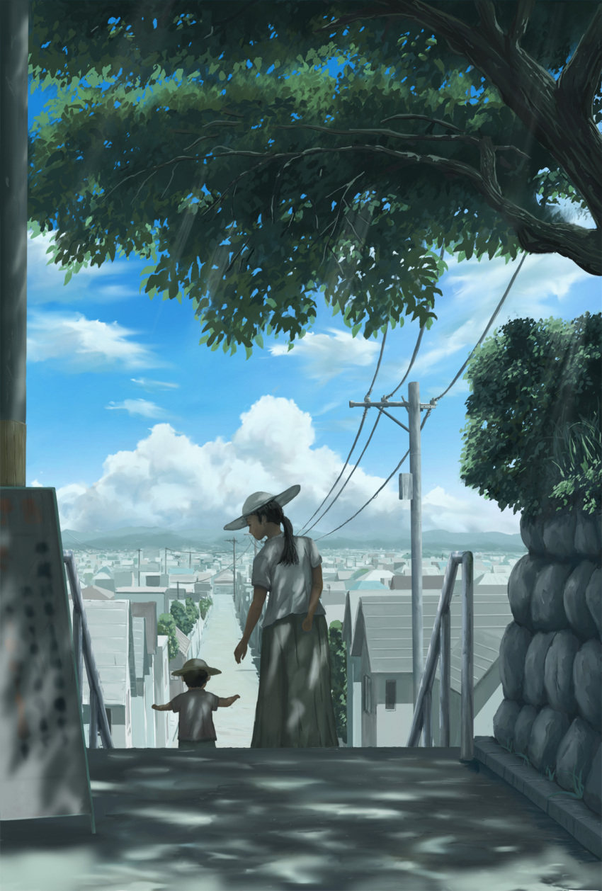 1boy, 1girl, age_difference, black_eyes, black_hair, branch, child, clouds