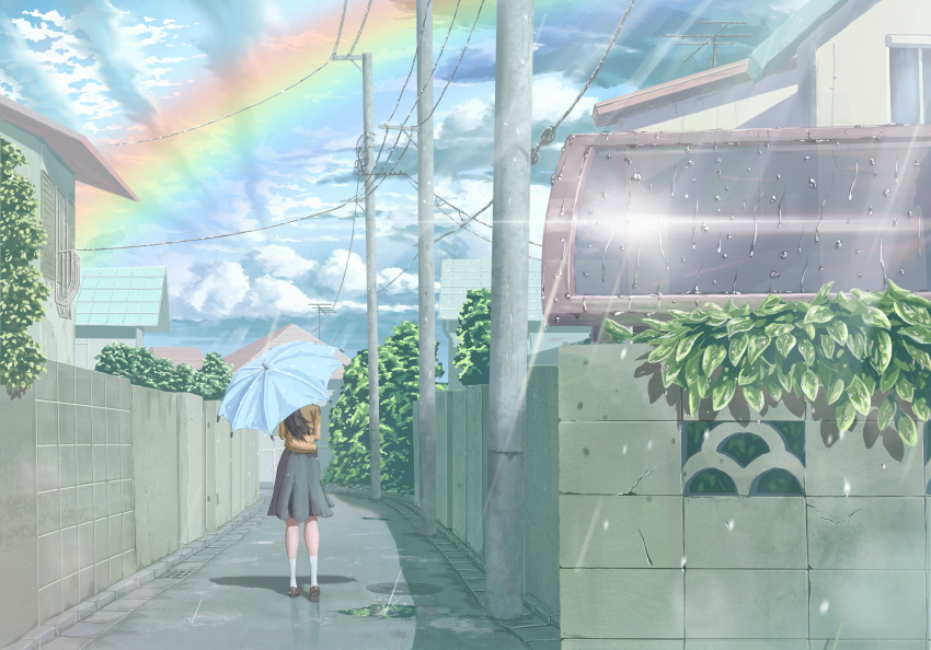 1girl, blue_skirt, blue_umbrella, brown_footwear, brown_hair, clouds, cloudy_sky, commentary_request