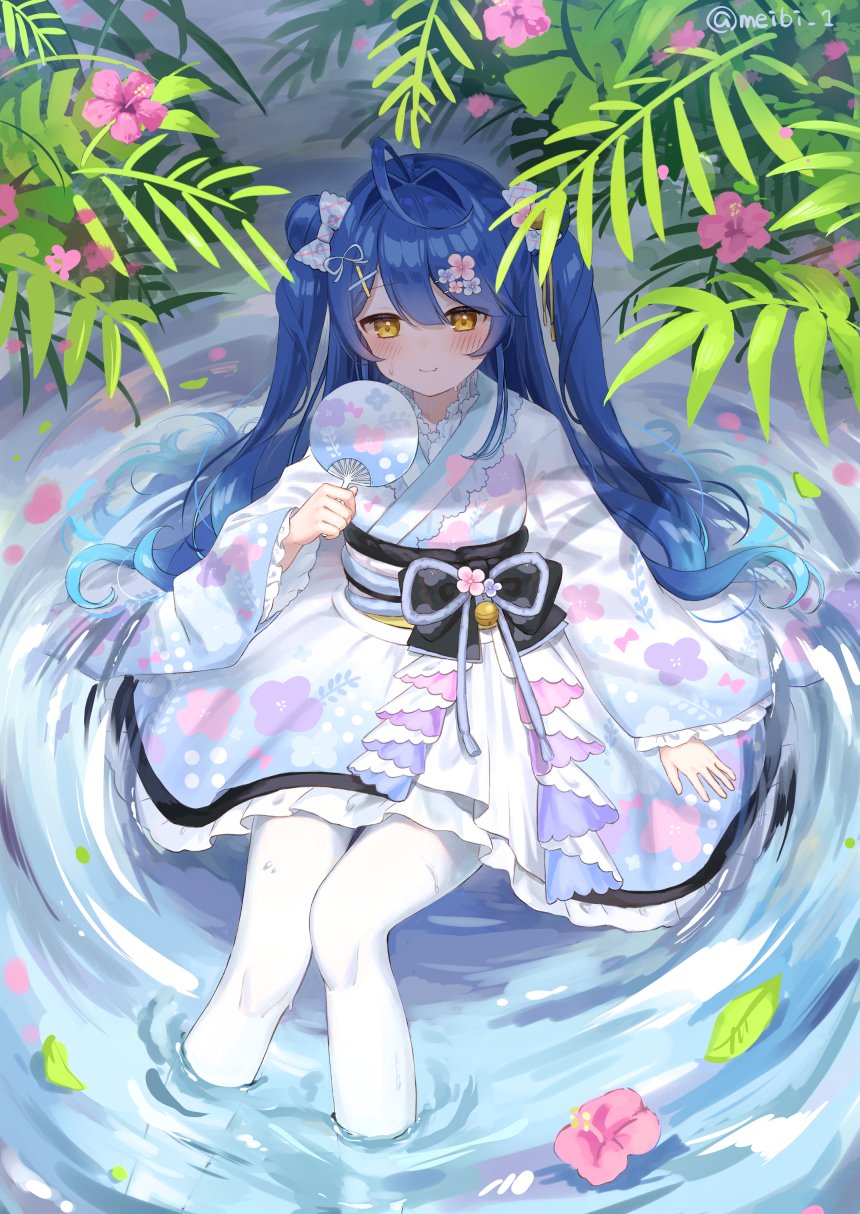 1girl, ahoge, amamiya_kokoro, bangs, blue_hair, blush, bow, closed_mouth, commentary, double_bun, floral_print, flower, frilled_sleeves, frills, hair_bow, hair_intakes, hair_ornament, hairpin, hand_fan, highres, holding, holding_fan, japanese_clothes, kimono, leaf, long_hair, meibi_1, nijisanji, obi, paper_fan, partially_submerged, plant, sash, smile, solo, sweatdrop, uchiwa, virtual_youtuber, white_legwear, wide_sleeves, x_hair_ornament