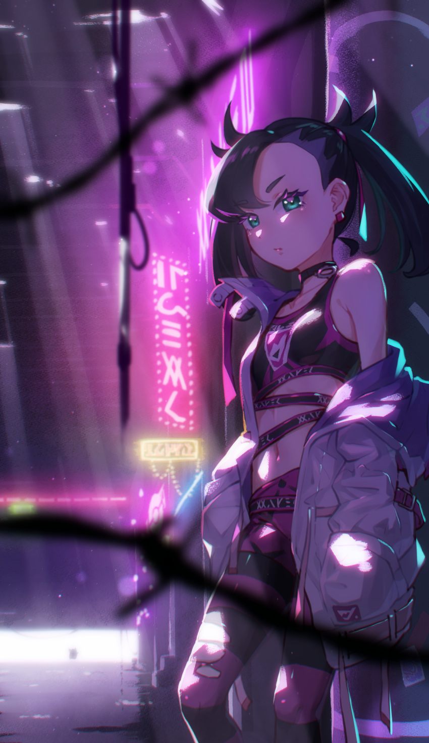 1girl, asymmetrical_bangs, bangs, barbed_wire, black_choker, black_hair, blurry, blush