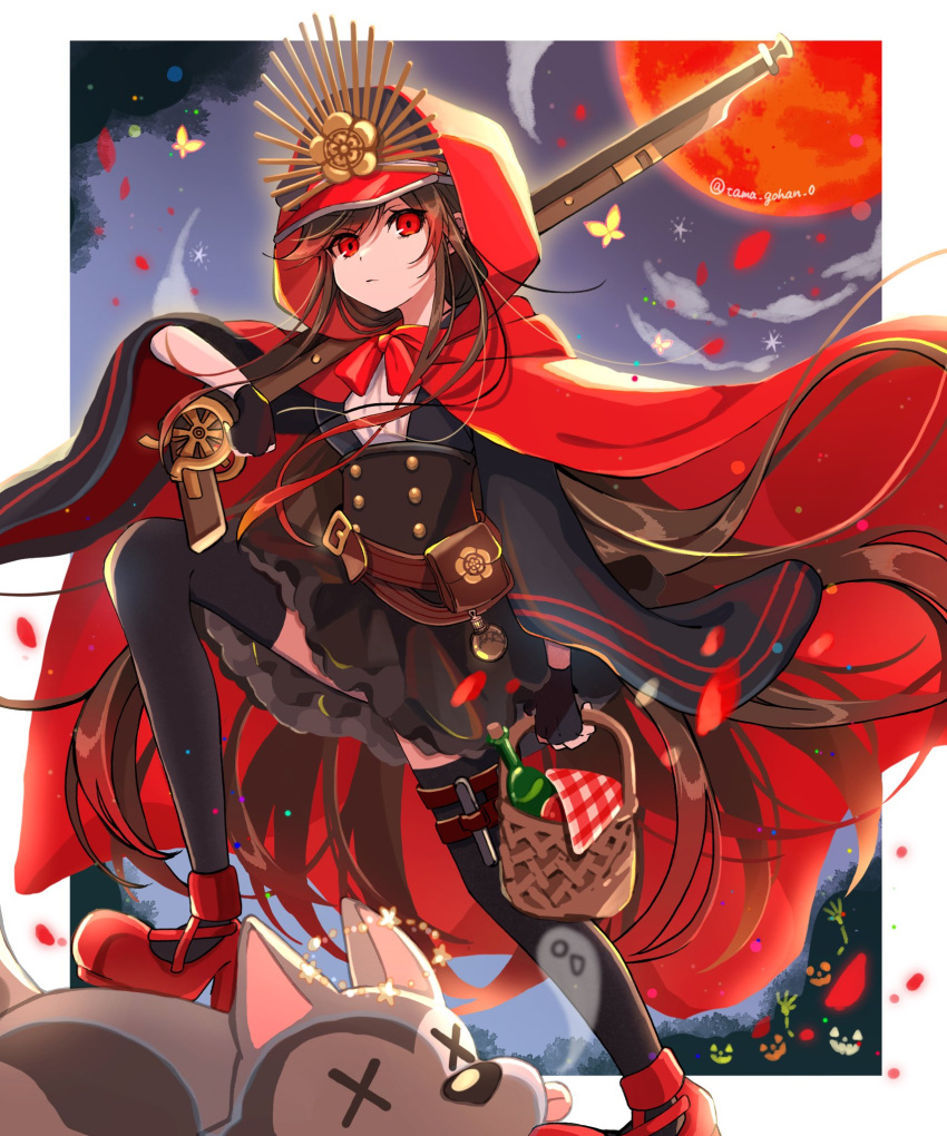 1girl, antique_firearm, arquebus, belt, belt_buckle, border, bottle, brown_hair