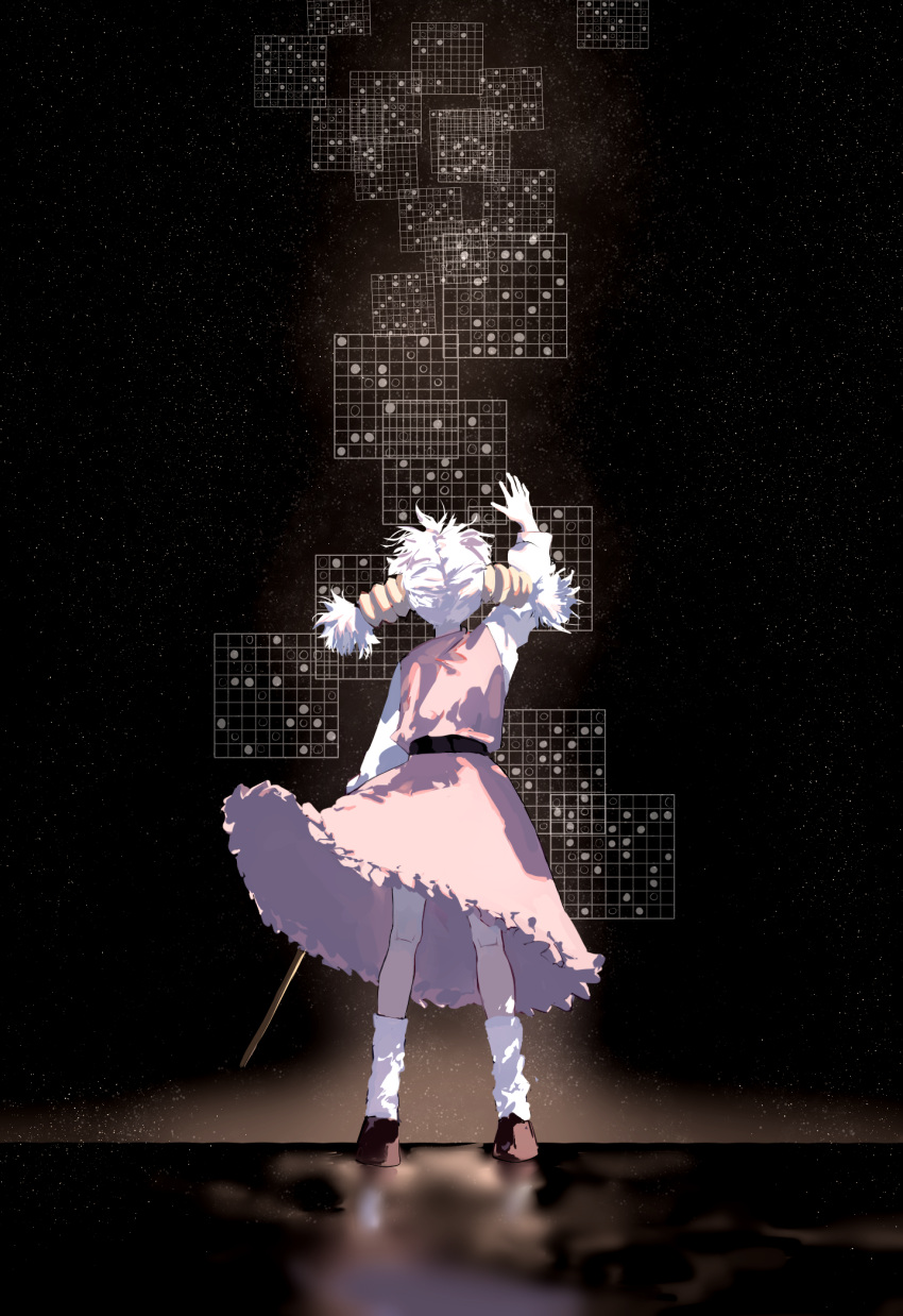 1girl, arm_up, black_sky, board_game, brown_footwear, cane, commentary, dress