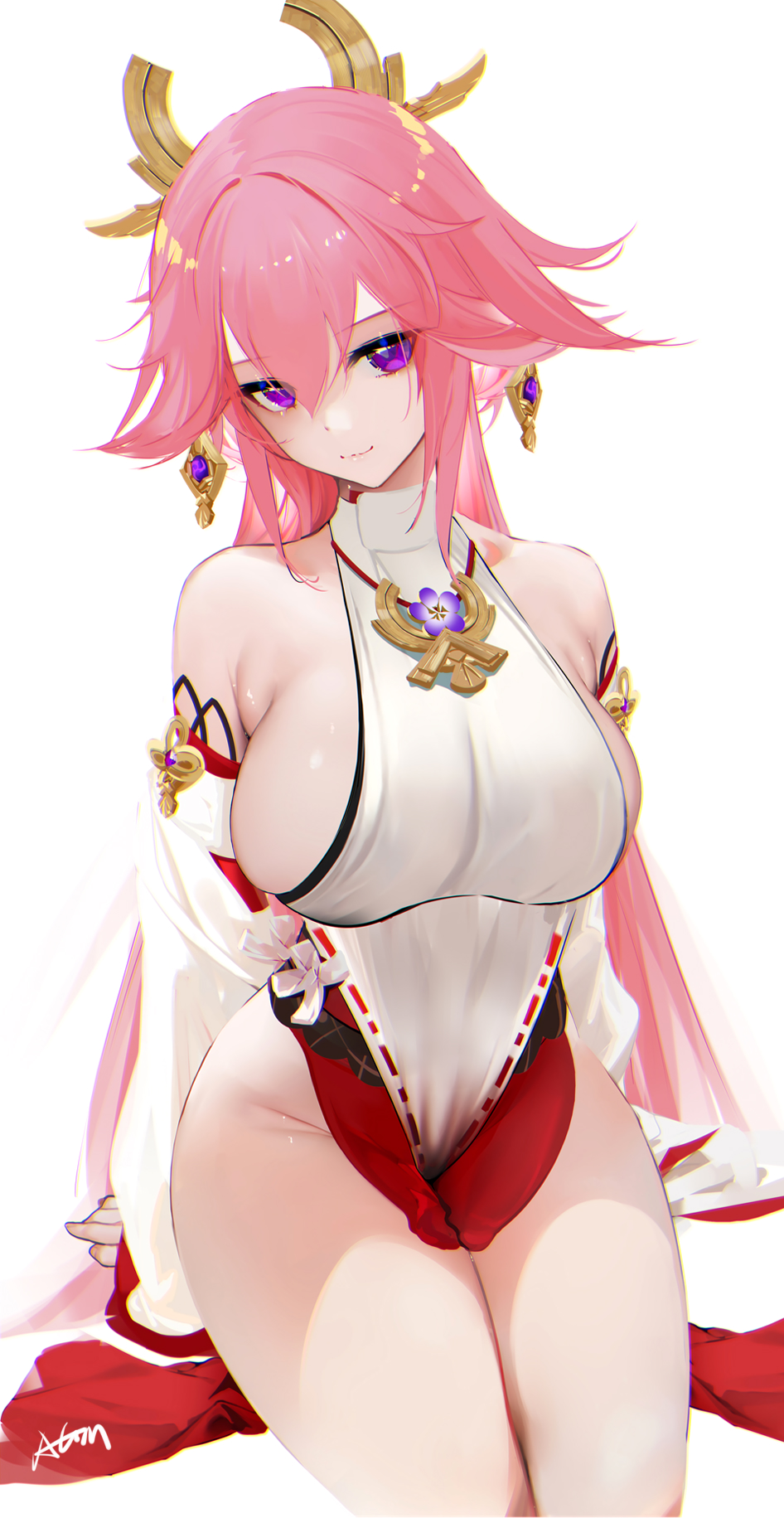 1girl, animal_ears, bangs, bare_shoulders, blush, breasts, detached_sleeves, fox_ears