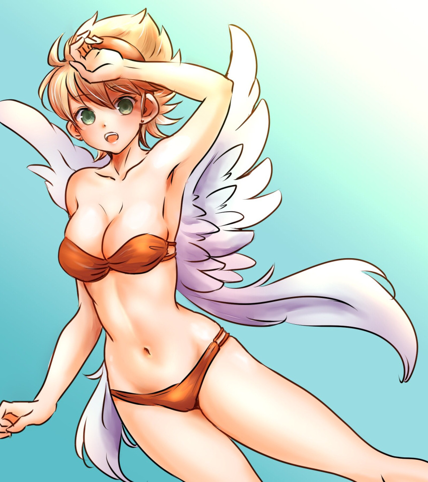 1girl, angel_wings, blonde_hair, breasts, breath_of_fire, breath_of_fire_iii, earrings, green_eyes