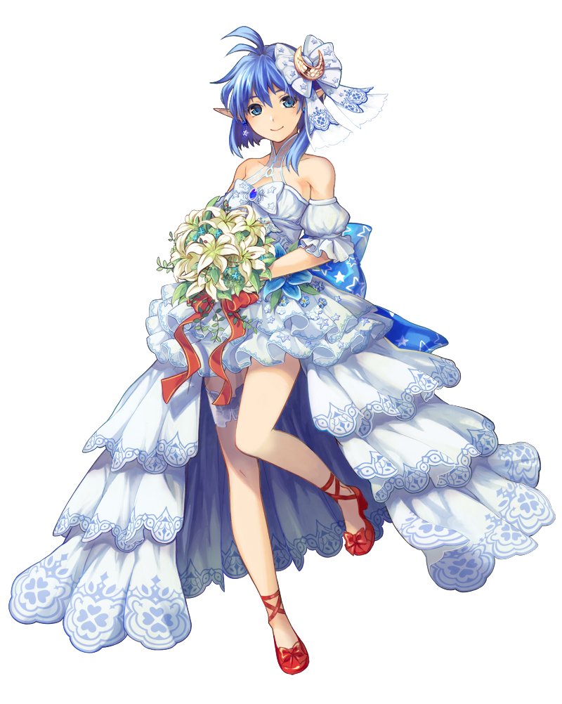 1girl, antenna_hair, asymmetrical_hair, bangs, bare_shoulders, blue_eyes, blue_hair, bouquet, closed_mouth, crescent, crescent_hair_ornament, detached_sleeves, dress, earrings, flower, hair_ornament, high_heels, jewelry, looking_at_viewer, mzkk_1826, pointy_ears, rena_lanford, short_hair, simple_background, smile, solo, star_ocean, star_ocean_anamnesis, star_ocean_the_second_story, wedding_dress, white_background, white_dress