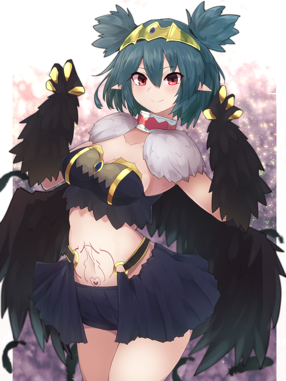 1girl, bangs, black_feathers, black_wings, blush, breasts, claw_pose, claws