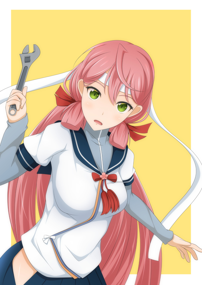 1girl, akashi_(kancolle), bandana, bell_shireikan, blue_skirt, blunt_tresses, green_eyes, hair_ribbon